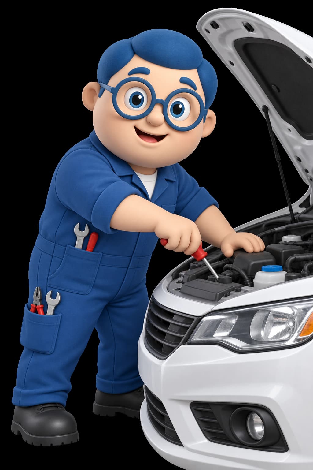 Milo trabajando en el motor de un vehículo
